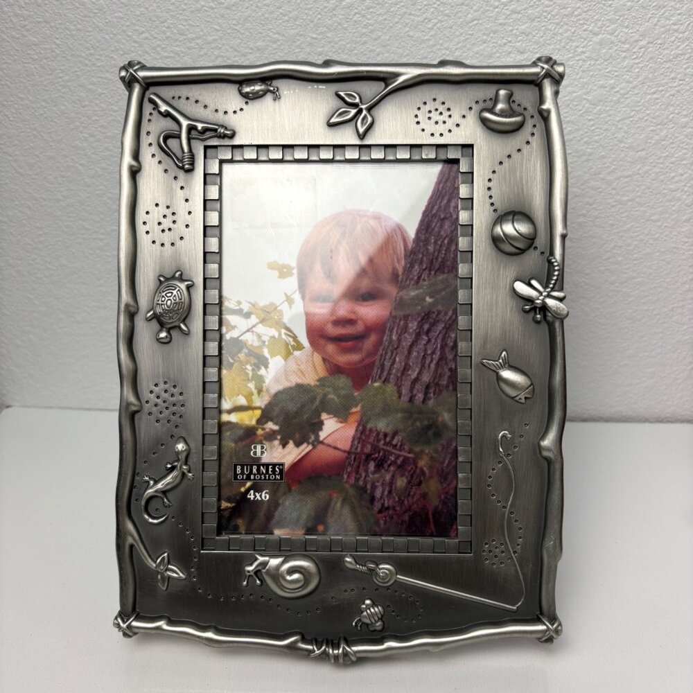 Vintage Burnes Of Boston Pewter Nature 4x6 Picture Frame Turtle Snail‎